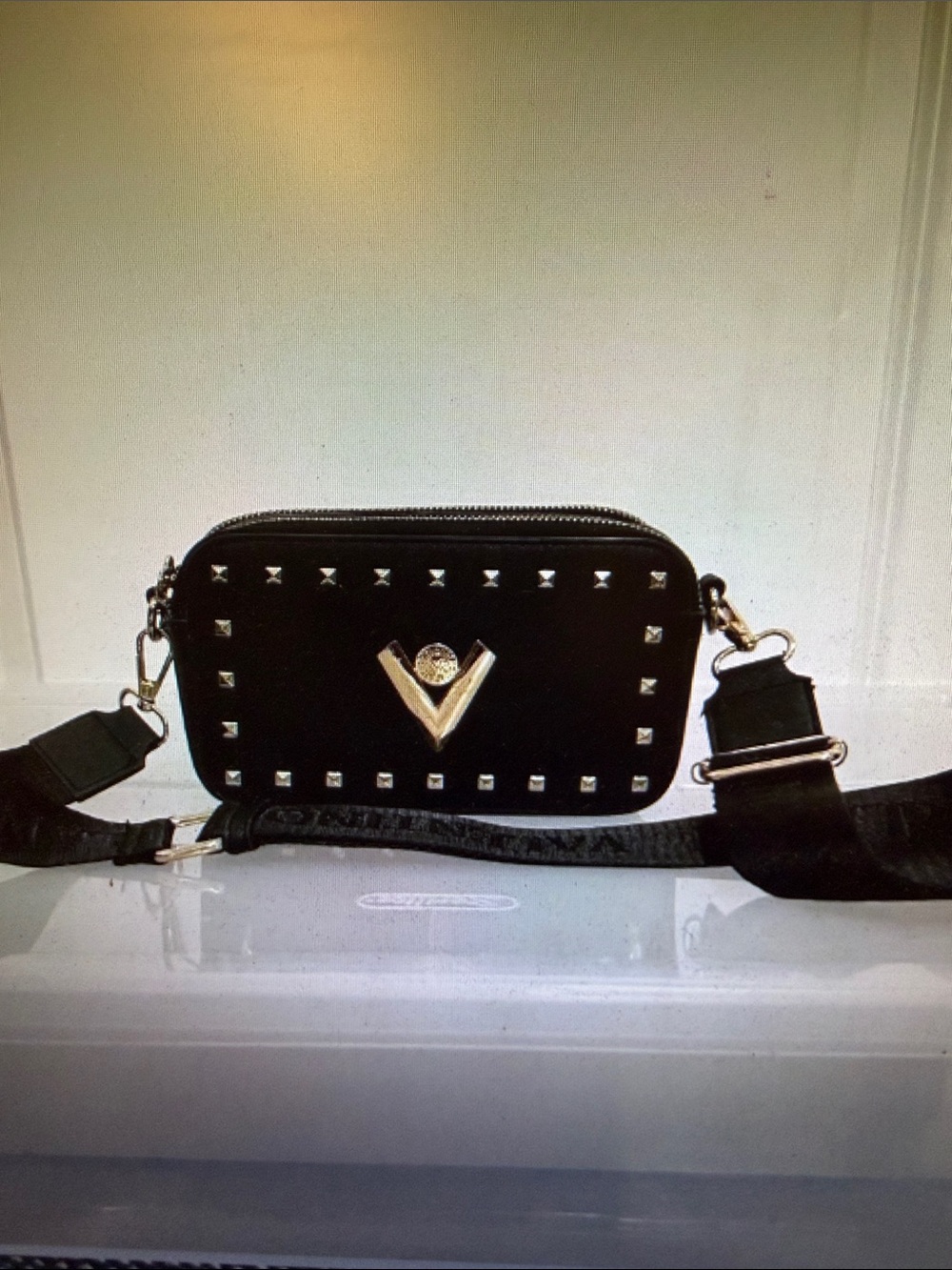 Valentino Orlandi Black Camera bag double zip with Gold V Emblem and Studs
